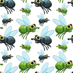 Funny flies in cartoon style. Seamless vector pattern. 