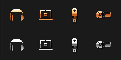 Set Headphones, Online play video, USB flash drive and Cinema camera icon. Vector.