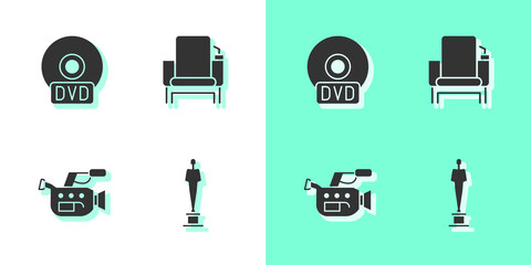 Set Movie trophy, CD or DVD disk, Cinema camera and chair icon. Vector.