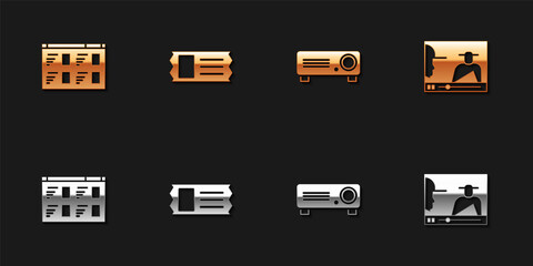 Set Online play video, Cinema ticket, Movie, film, media projector and icon. Vector.