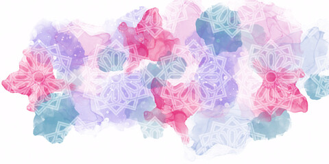 Liquid marble or splash abstract art suitable for background design of posters, cards, invitations. Layered with Islamic geometric pattern. Pastel colors. Vector illustration. Panorama, banner format.