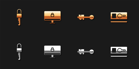Set Locked key, on computer monitor, Old and Key card icon. Vector.