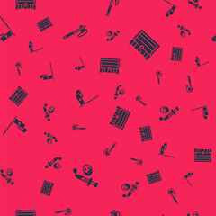 Set Sword with blood, Medieval axe, flag and Antique treasure chest on seamless pattern. Vector.