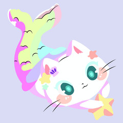 Vector cute cat drawn as mermaid. On a gray background