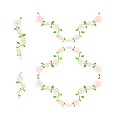 Vector floral set decorated with green leaves. Curly rhomboid frame and details for its creation. Soft pastel colors. You can create your own designs.