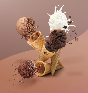 3d Illustration. Ice cream cones with coffee, chocolate, cream and cookie flavors