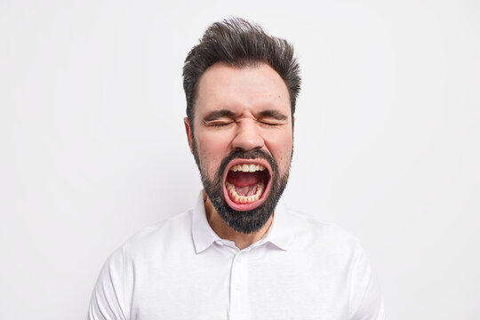 Portrait of emotional bearded mad European man keeps mouth wide opened closes eyes has thick beard dressed in shirt isolated over white background. People emotions negative emotions concept.