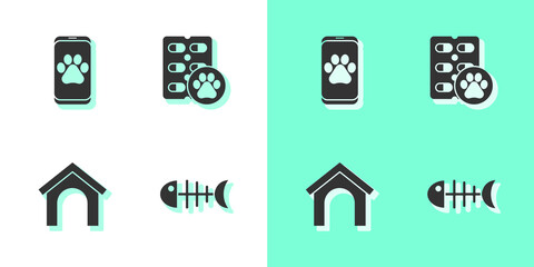 Set Fish skeleton, Veterinary clinic, Dog house and pill icon. Vector.