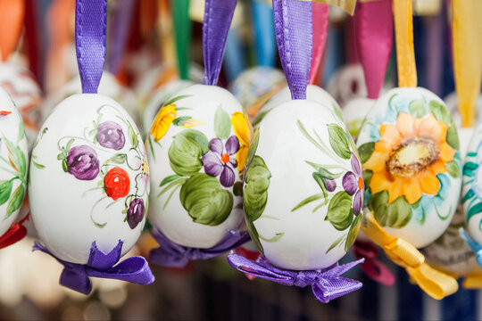 Small colored easter eggs, decorative object for sale in a local flea market in Budapest. Typical object of the Easter time