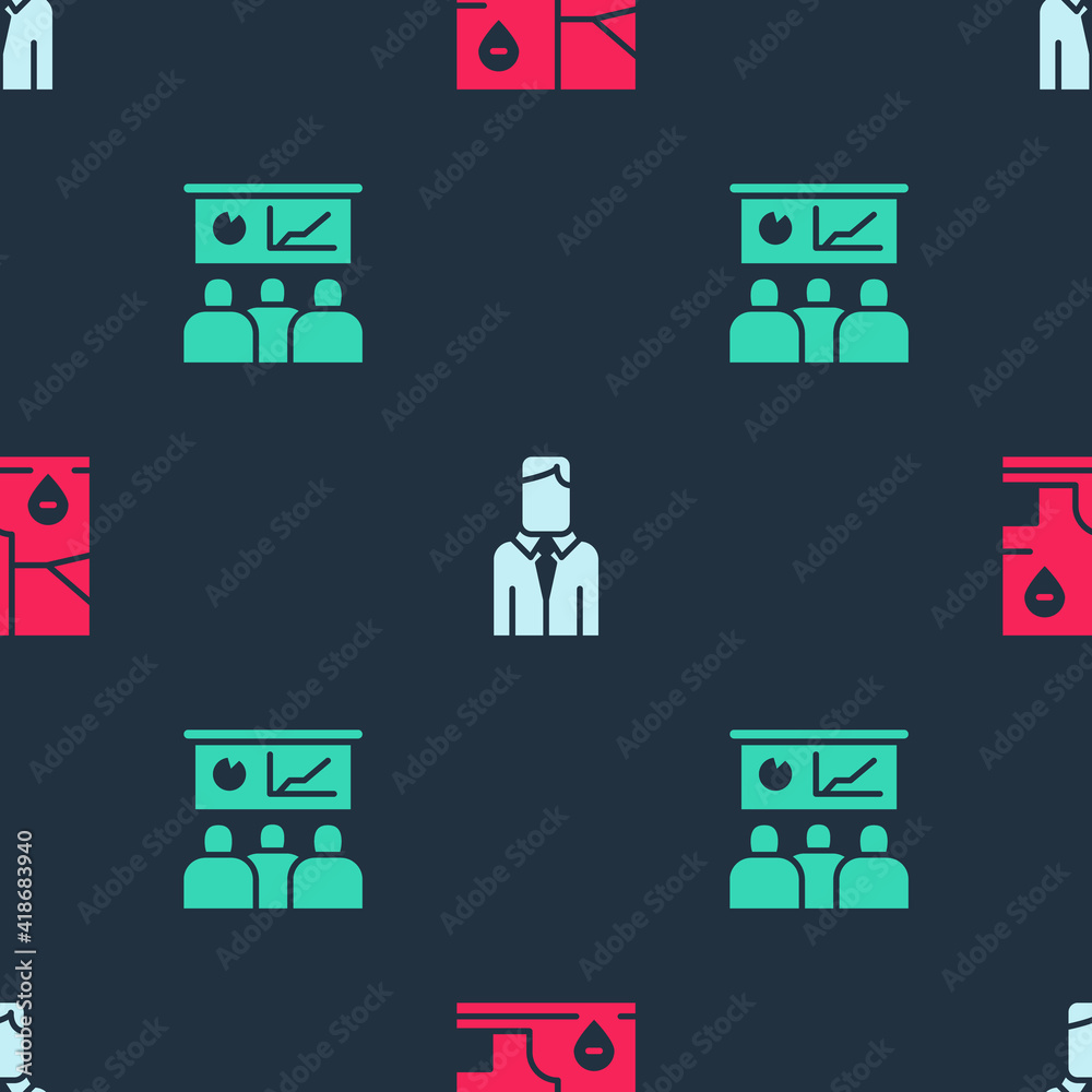 Sticker set folded map with location, worker and training, presentation on seamless pattern. vector.