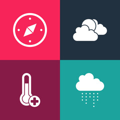 Set pop art Cloud with rain, Meteorology thermometer, Sun and cloud weather and Compass icon. Vector.