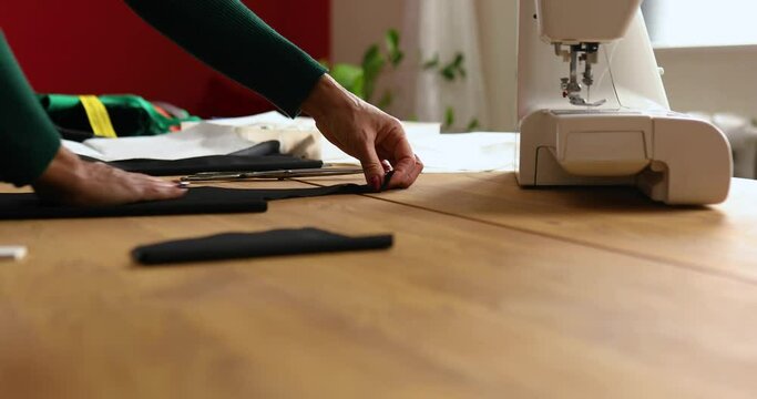 Step by step, woman dressmaker female measuring sewing pattern On Table