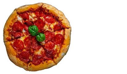 Pepperoni Pizza with Mozzarella cheese, salami, pepper, Spices and Fresh basil. Italian pizza isolated on white background. with copy space. top view
