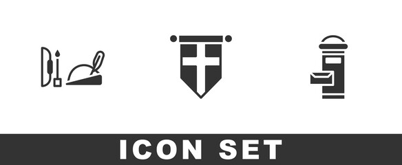 Set Robin hood hat, England flag on pennant and London mail box icon. Vector.