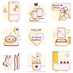 Romance in everyday life. A set of icons in pink and yellow tones. At home together. Household interior items.