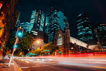 Urban night view of the street with magic traffic colors and lights in Brisbane, Queensland, Australia © Hans