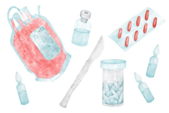 Set of medical materials package with donor blood, medicine bottle, tablets, ampoules, scalpel illustration medical digital watercolor