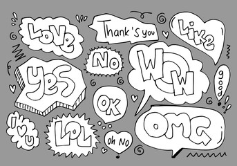 Hand drawn set of speech bubbles with handwritten text:love,thank you,like,yes,no,wow,ok,omg,lol,good.
