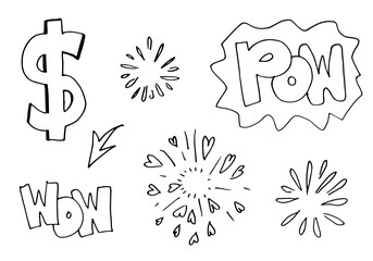 Hand drawn sketch of dollar symbol icons and elements such as arrows and fireworks, pow and wow.