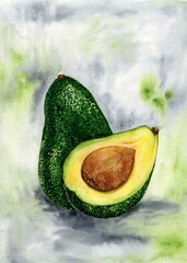 watercolor drawing, avocado fruit, colored background, interior painting, painting for the kitchen