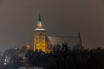 Co-Cathedral Basilica of St. Jakub and the castle in Olsztyn - Winter, night