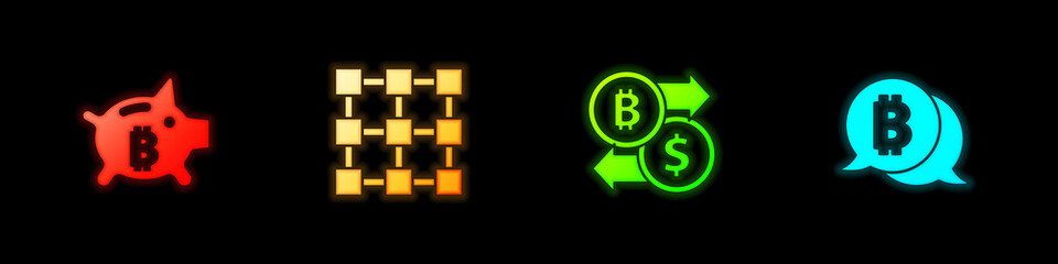 Set Piggy bank bitcoin, Blockchain technology, Cryptocurrency exchange and Bitcoin icon. Vector.