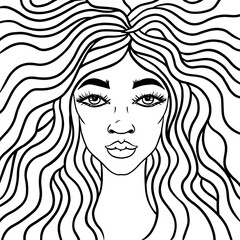 Women with long hair. Girl portrait on white background. Vector illustration. Adult coloring.