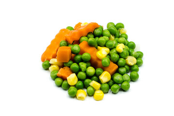 Peas carrots and corn isolated on white background