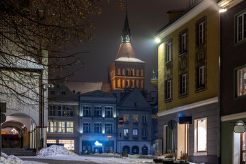 Old Town and Co-Cathedral Basilica St. Jakub in Olsztyn - Winter evening