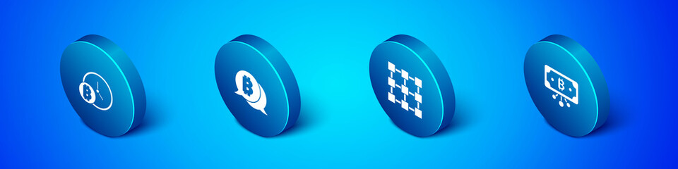 Set Isometric Bitcoin with clock, Blockchain technology, circuit and icon. Vector.