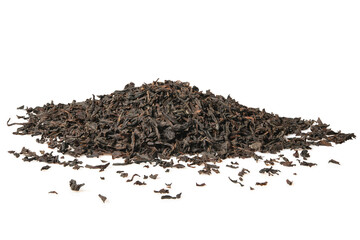 Pile of black loose indian dry tea from Assam. Close-up macro high resolution isolated on white...