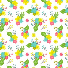 Cute seamless pattern with hand drawn flowers. Easter seamless pattern. Vector illustration.