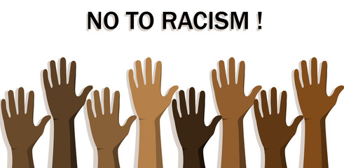 No to racism .Black lives matter concept. Template for background, banner, poster . Stop to discrimination. Hands of different races. International Day for the Elimination of Racial Discrimination