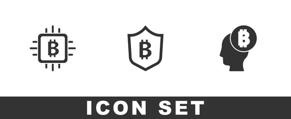 Set CPU mining farm, Shield with bitcoin and Bitcoin think icon. Vector.