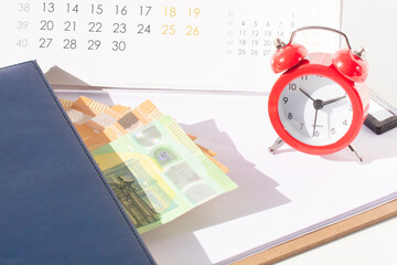 red round alarm clock , calculator, calendar and euro banknoteseuro banknotes. planning concept, business concept
