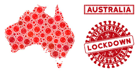 Coronavirus collage Australia map and seal stamps. Red rounded lockdown scratched seal stamp. Vector covid pathogen parts are grouped into collage Australia map. Vector collage for medical,