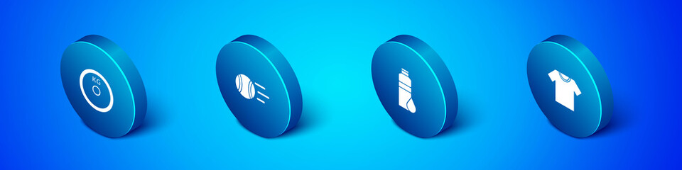 Set Isometric Weight plate, Fitness shaker, T-shirt and Tennis ball icon. Vector.