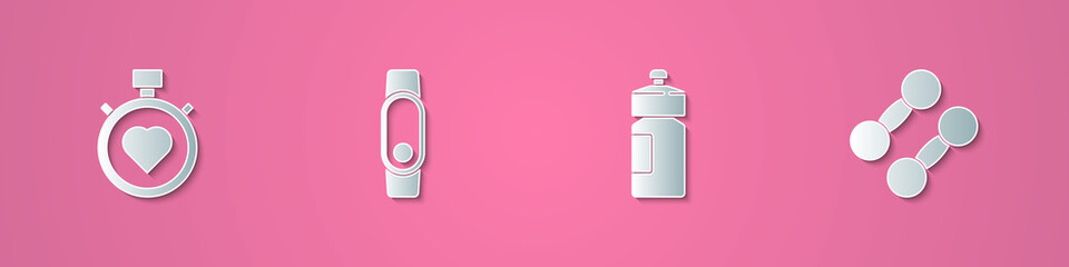 Set paper cut Heart in the center stopwatch, Smartwatch, Fitness shaker and Dumbbell icon. Paper art style. Vector.