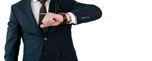 Businessman looking at the wrist watch - 418687517