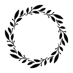 Vector hand drawn spring wreath isolated on white background. Silhouette circle of leaves. Doodle style. Floral frame.