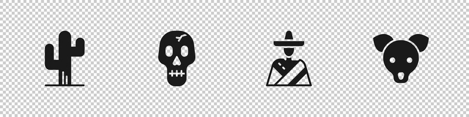 Set Cactus, Skull, Mexican man sombrero and Dog icon. Vector.