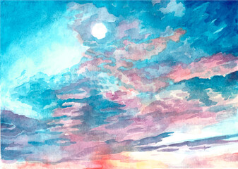 Fototapeta na wymiar Unique watercolor illustration of a dramatic sky. Handmade colorful drawing. Use for poster, postcard. Grunge. Wall art. Watercolor clouds. Image of heavenly clouds. Background