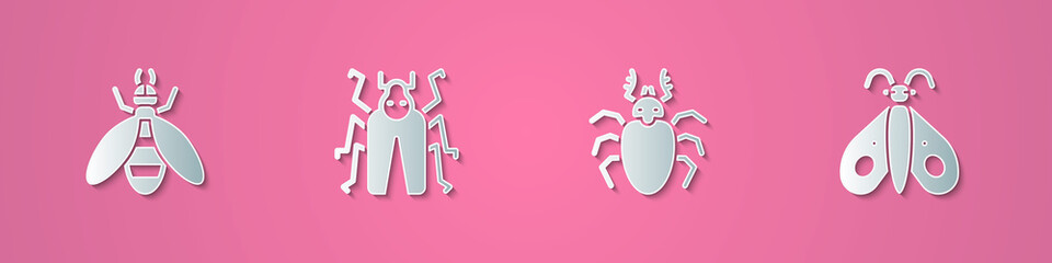 Set paper cut Bee, Beetle bug, deer and Butterfly icon. Paper art style. Vector.