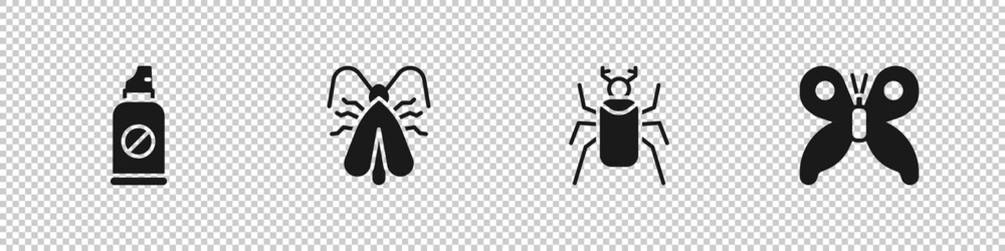 Set Spray against insects, Clothes moth, Beetle bug and Butterfly icon. Vector.