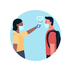 Measuring temperature 2D vector web banner, poster. Corona virus prevention rules. Dealing with high heat flat characters on cartoon background. Medicine printable patch, colorful web element