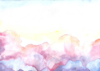 The only fragment of blue - pink sky in watercolor. View from above. Handmade colorful image of heavenly clouds. Watercolor drawing. Grunge. Poster. Wall art. Picture. Background.