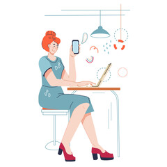Woman working on laptop in the office or at home, typing on computer and making phone calls, flat vector illustration isolated. Cartoon character of executive person or business woman making a career.