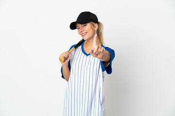 Young Russian woman playing baseball isolated on white background showing and lifting a finger