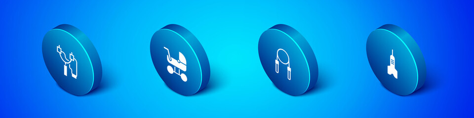 Set Isometric Slingshot, Jump rope, Dart arrow and Baby stroller icon. Vector.