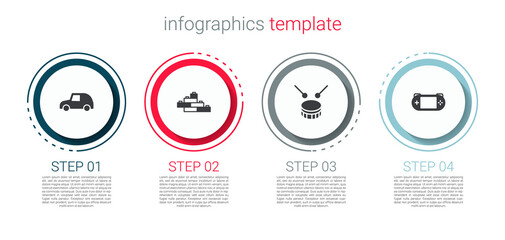 Set Toy car, building block bricks, Drum with drum sticks and Portable video game console. Business infographic template. Vector.